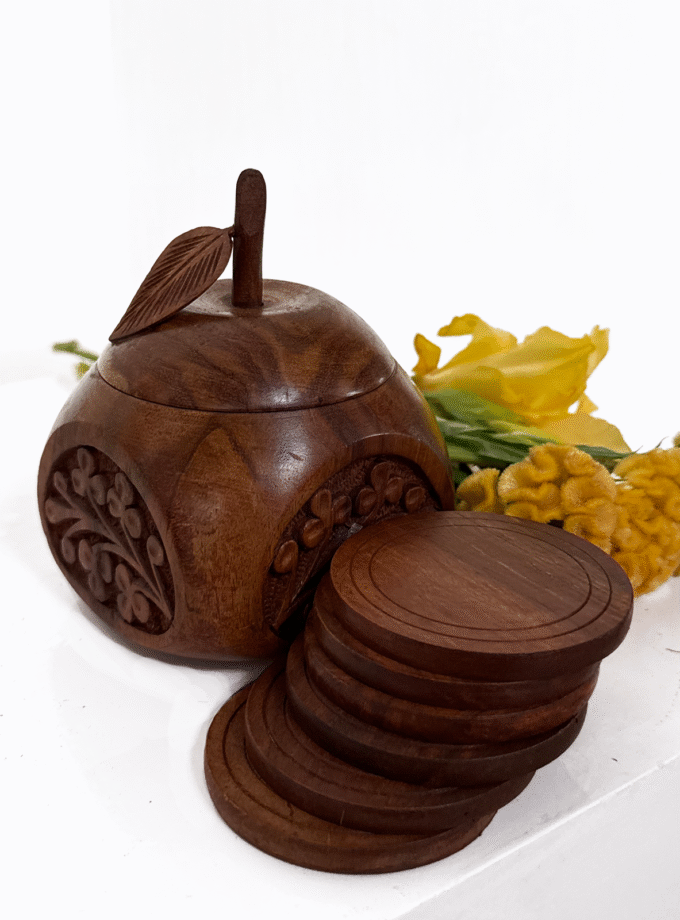 Apple Shape Wooden Tea Mate with Coaster Set – Handmade Chai Tray