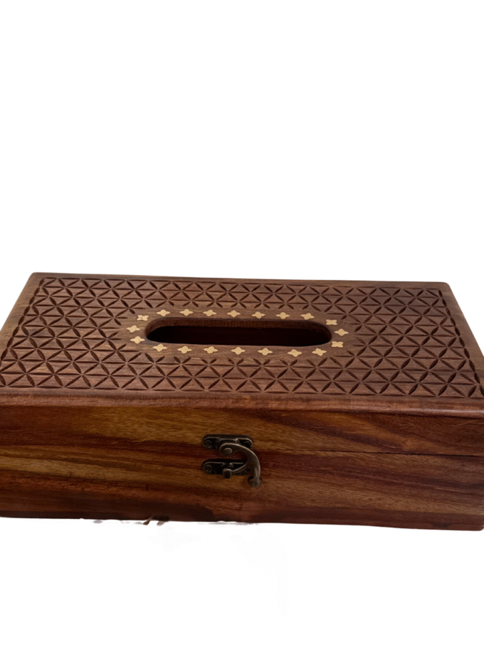 Latticed Brass Tissue Box – Luxury Wooden Tissue Holder with Handcrafted Brass Overlay